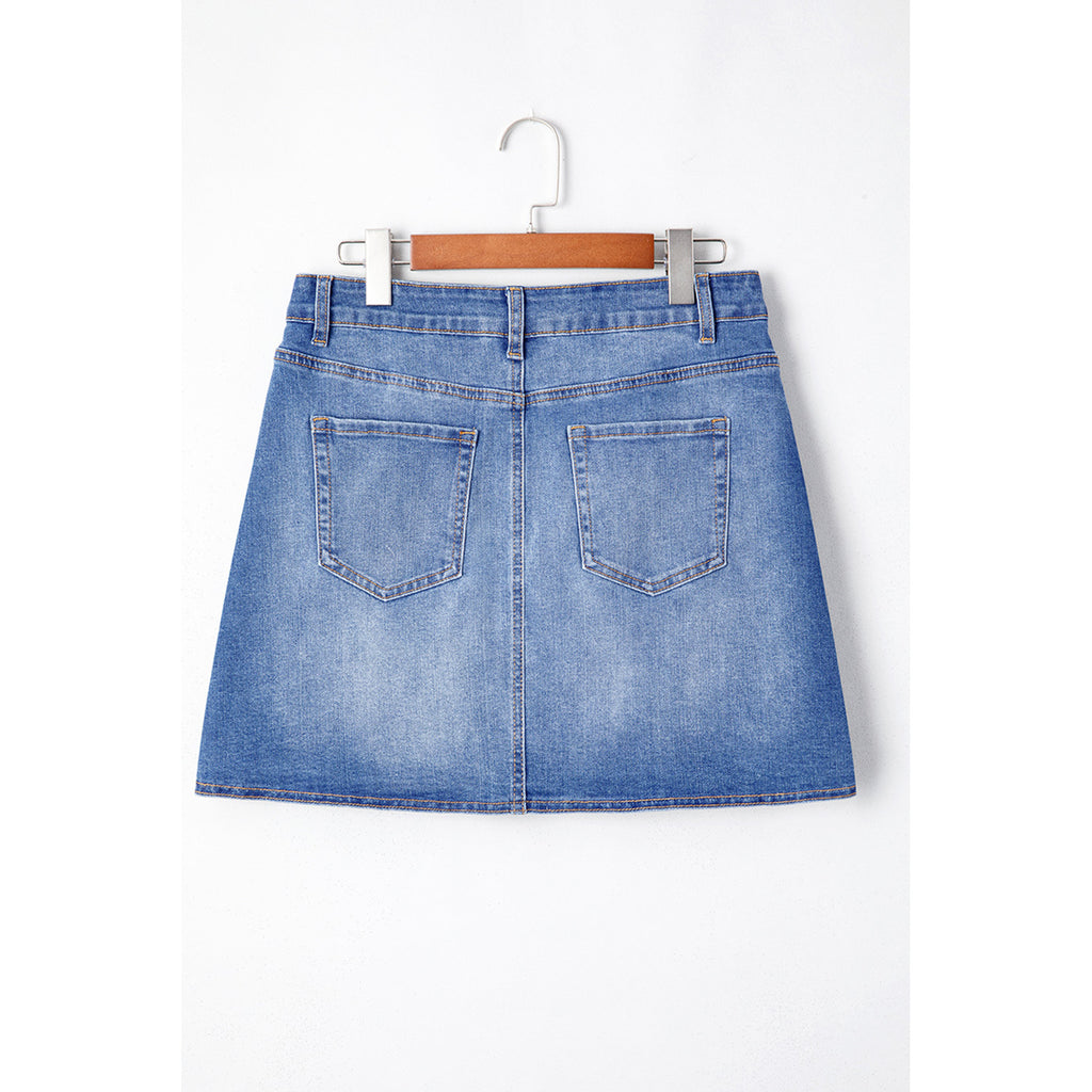 Blue Denim Mini Skirt with Crossed Waist in Ashleigh Blue - back view