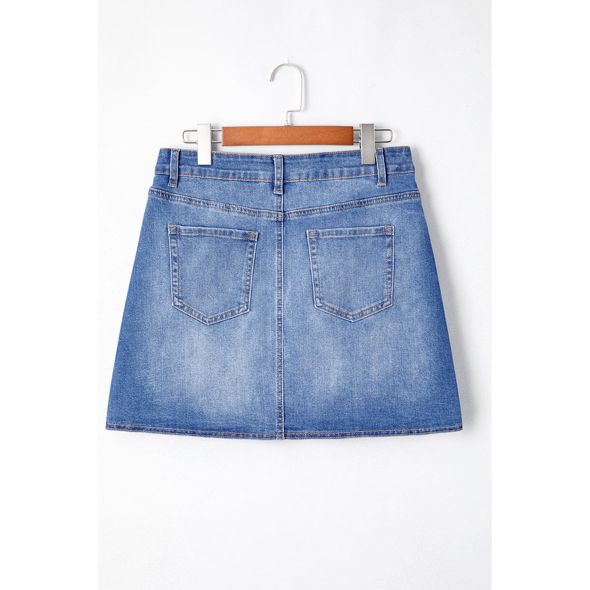 Blue Denim Mini Skirt with Crossed Waist in Ashleigh Blue - back view