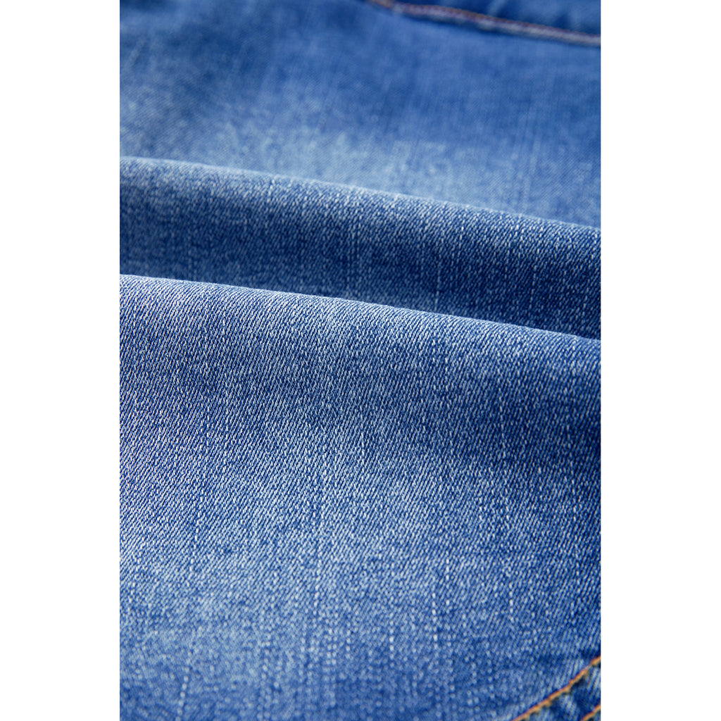Blue Denim Mini Skirt with Crossed Waist in Ashleigh Blue - denim fabric detail