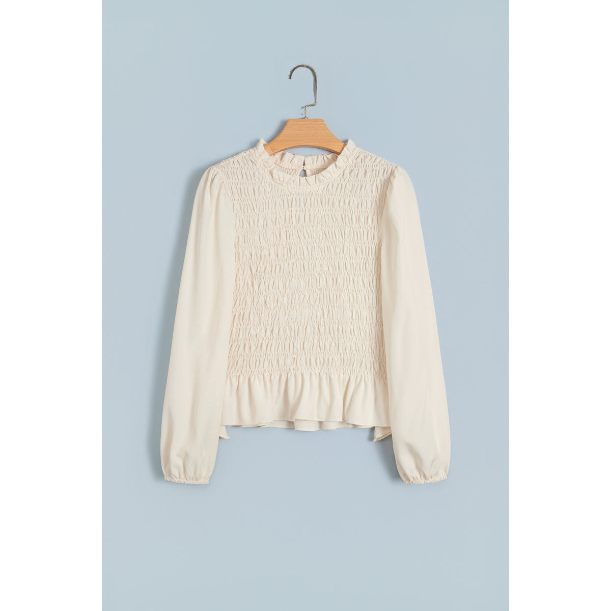 Ivory Smocked Blouse with Balloon Sleeves in Jet Stream - front view