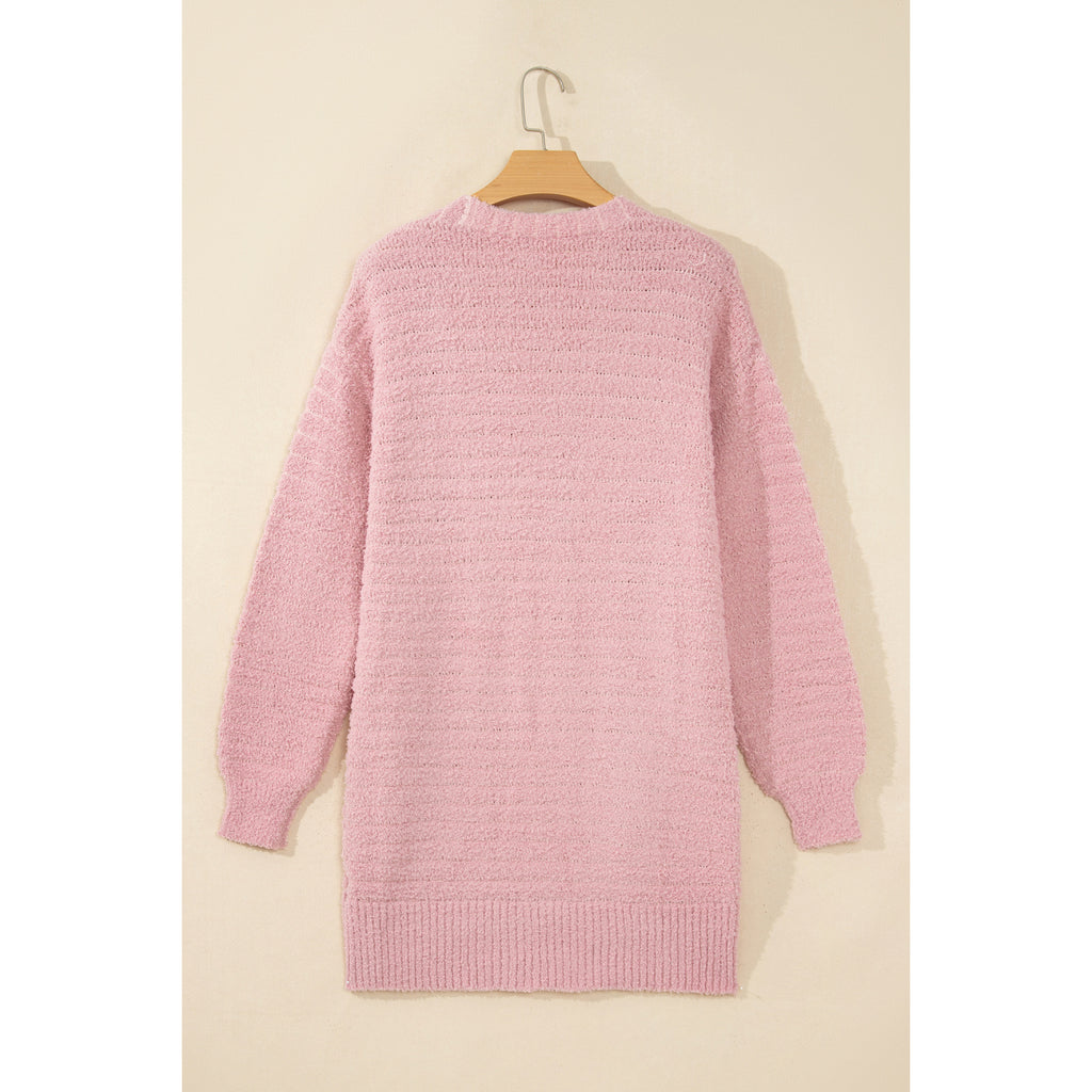 Light Pink Fuzzy Ribbed Open Cardigan in Light Pink - back view