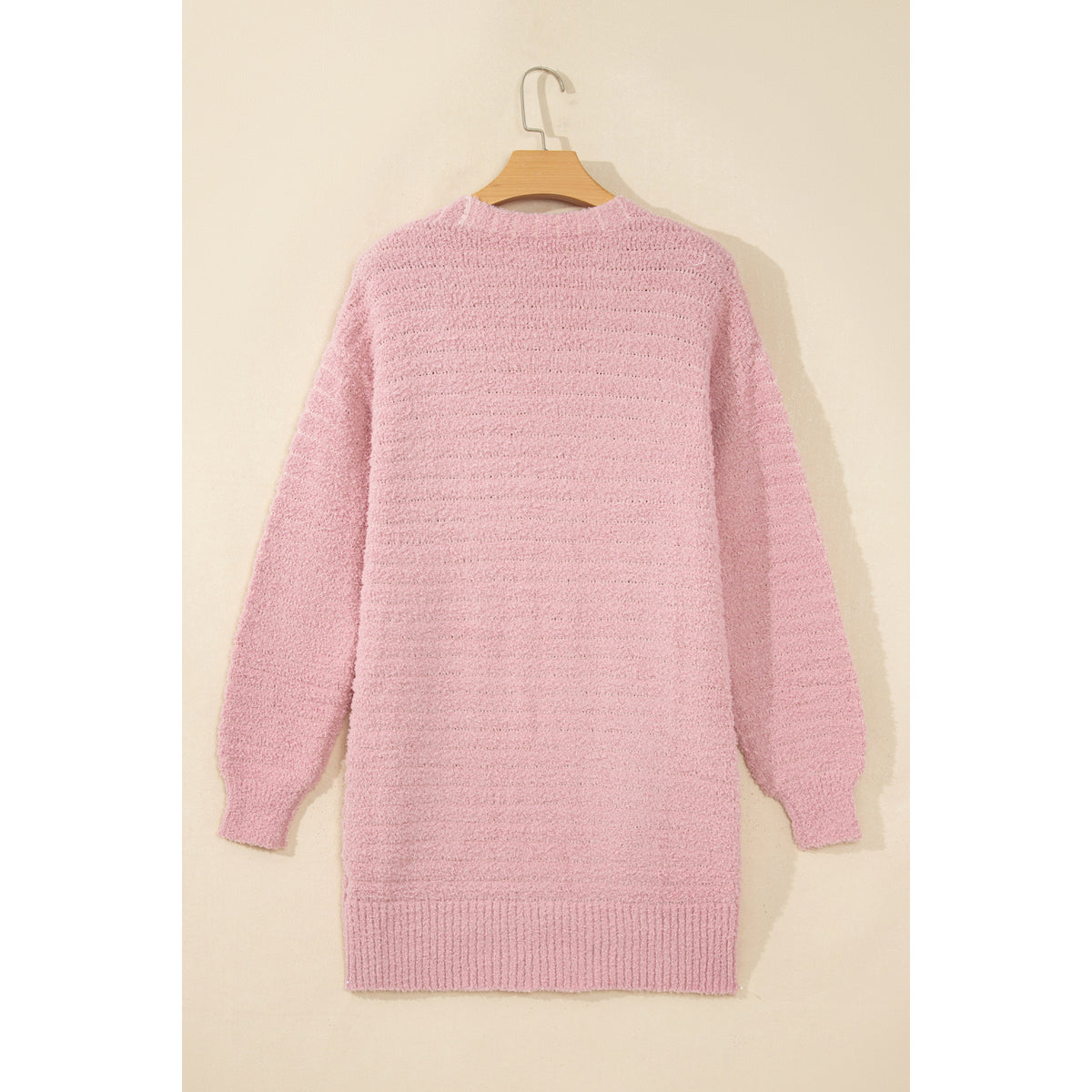 Light Pink Fuzzy Ribbed Open Cardigan in Light Pink - back view