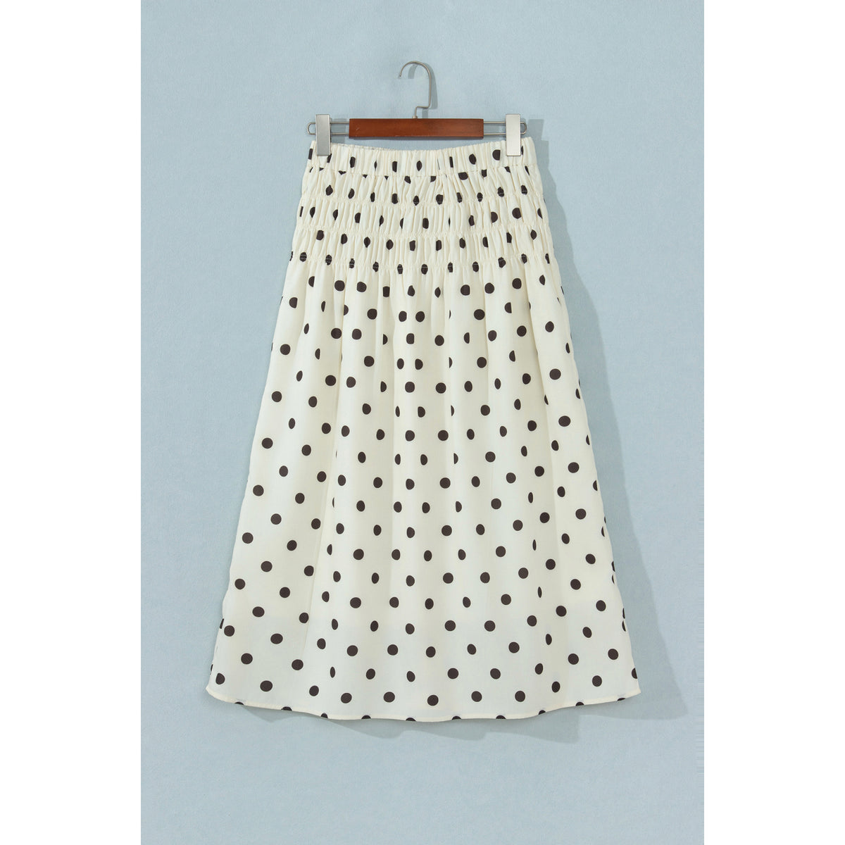 Beige Polka-Dot Smocked-Waist Long Skirt in Beige Stripe - back view