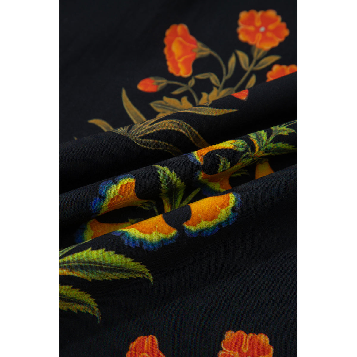 Black Floral Shirt with Frilled V-Neck in Black - floral fabric detail