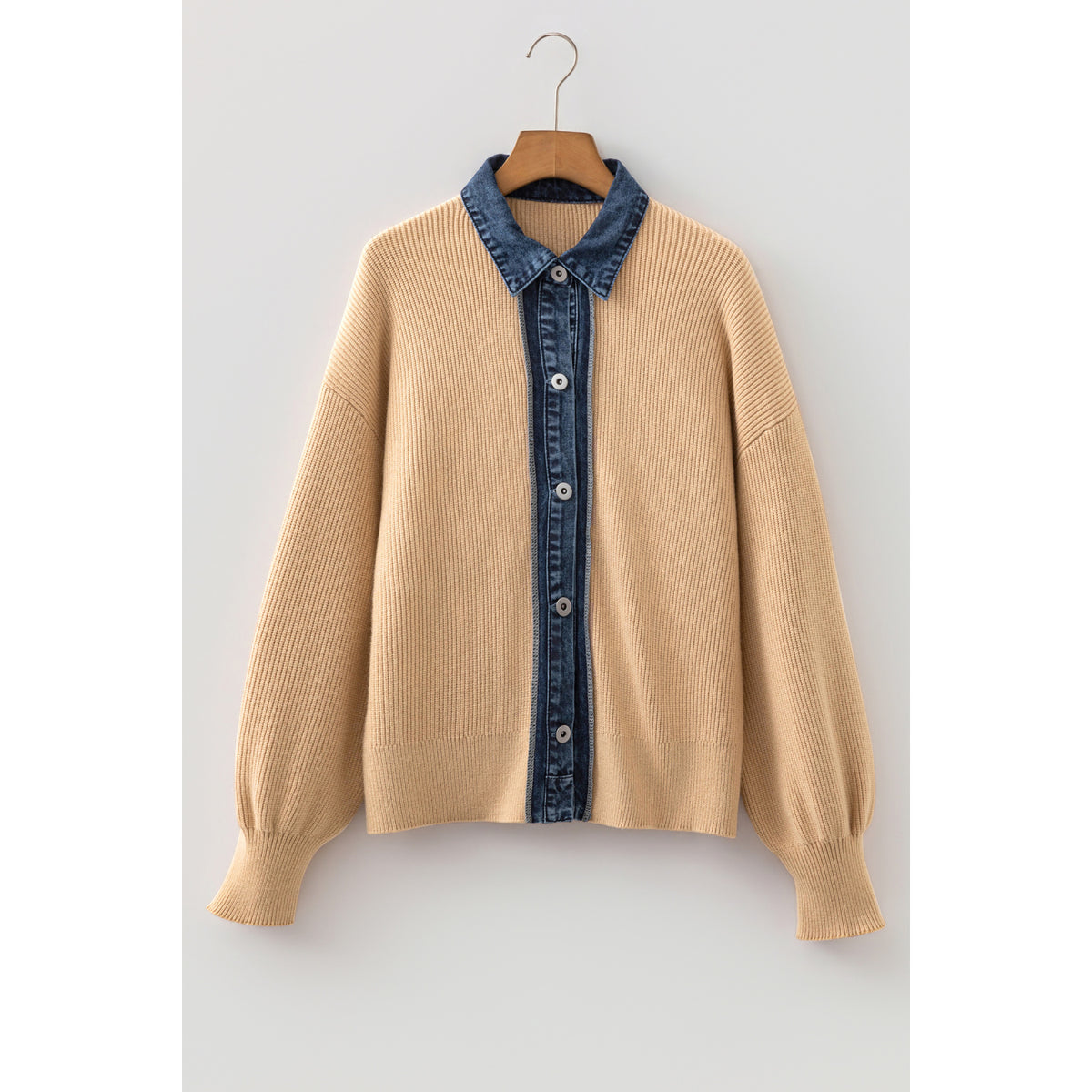 Parchment Knit Cardigan with Contrast Shirt Collar in Parchment - front view