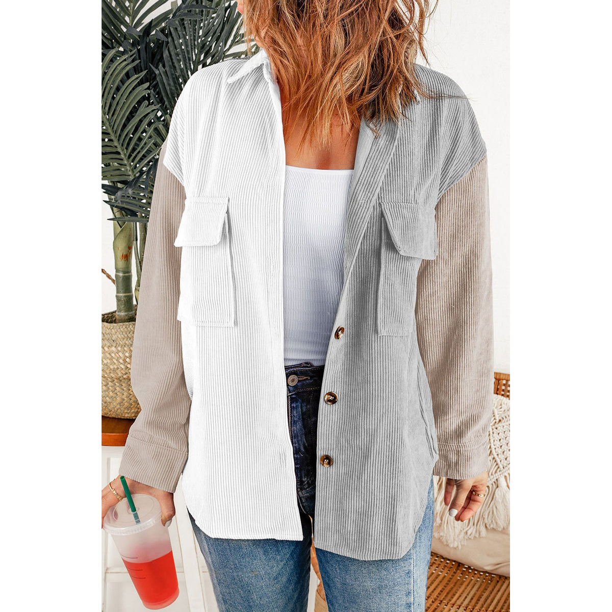 White Colorblock Button Shirt with Chest Pockets in White - on-model fit