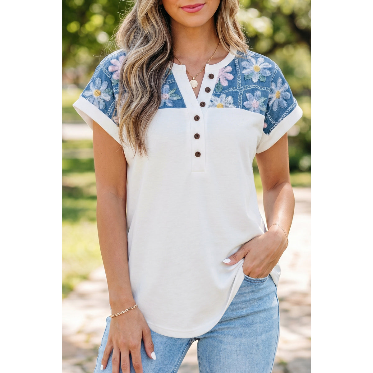 White Floral-Panel Short-Sleeve Blouse in White - on-model fit