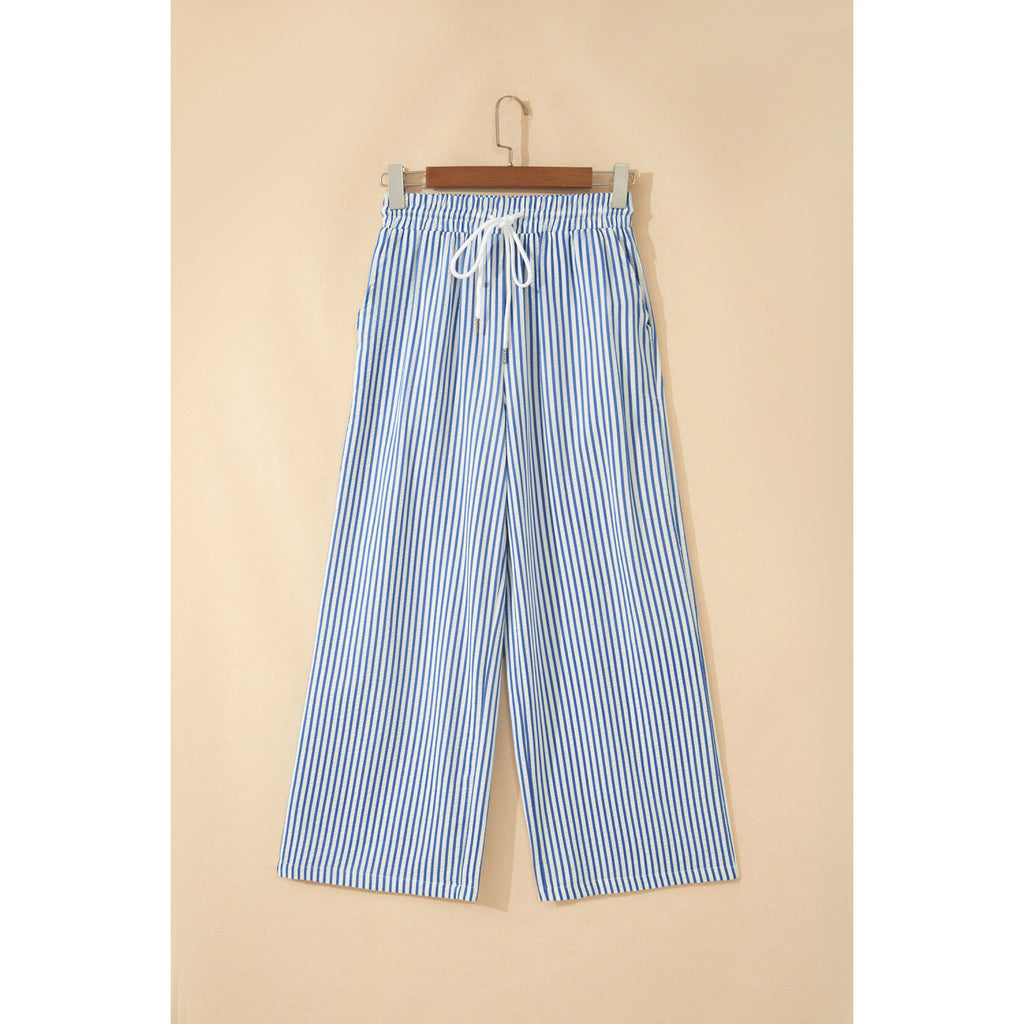 Blue Striped Drawstring Ankle Pants in Blue Stripe - front view