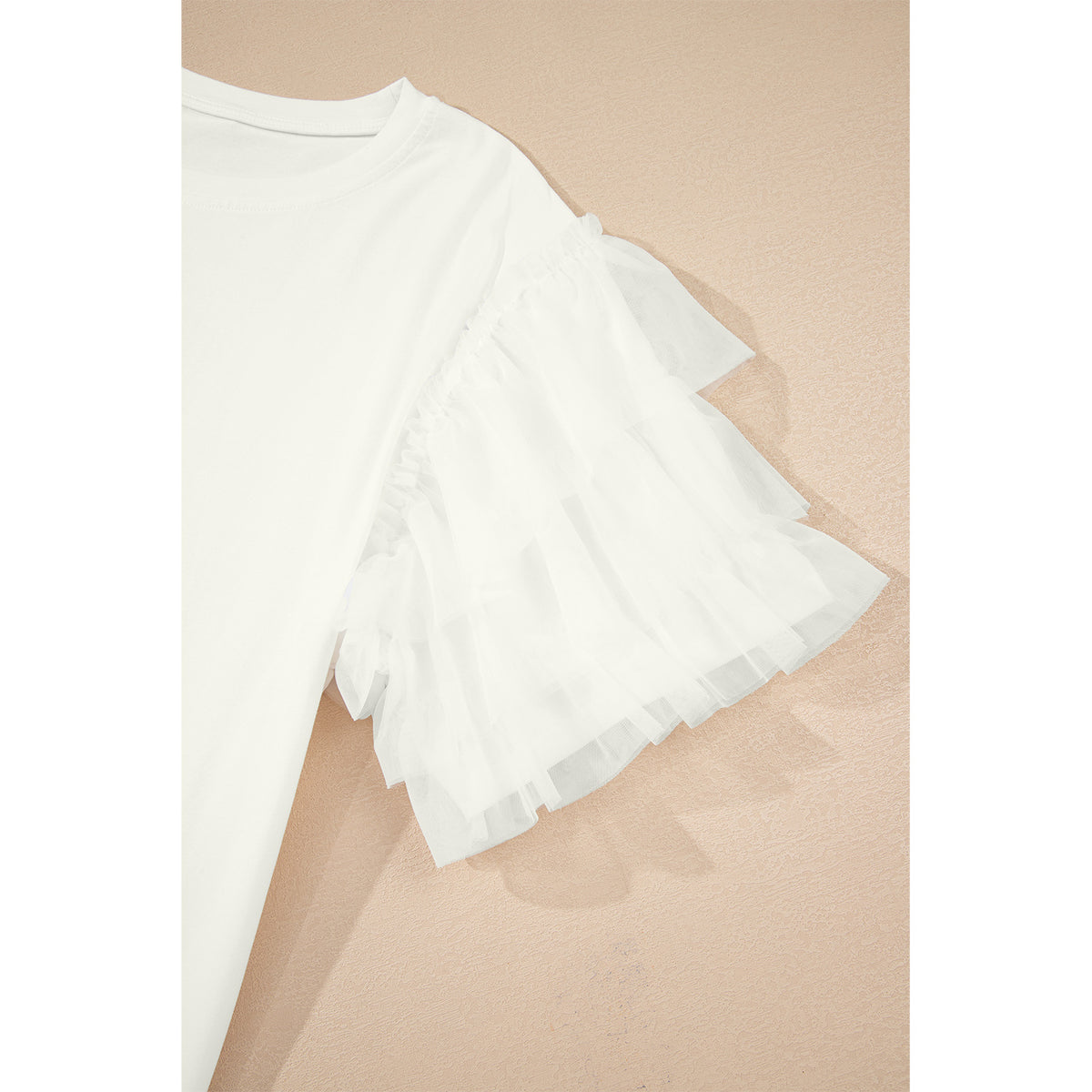 White Cotton-Blend Tulle Ruffle-Sleeve Top in White - tulle sleeve detail