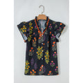 Black Floral Shirt with Frilled V-Neck in Black - front view