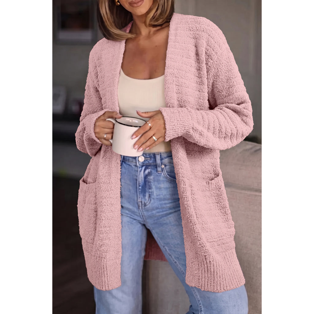Light Pink Fuzzy Ribbed Open Cardigan in Light Pink - on-model fit