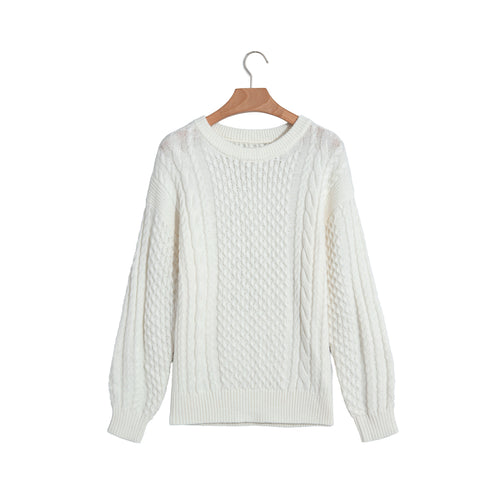 Beige Cable-Knit Crew-Neck Sweater in Beige - front view