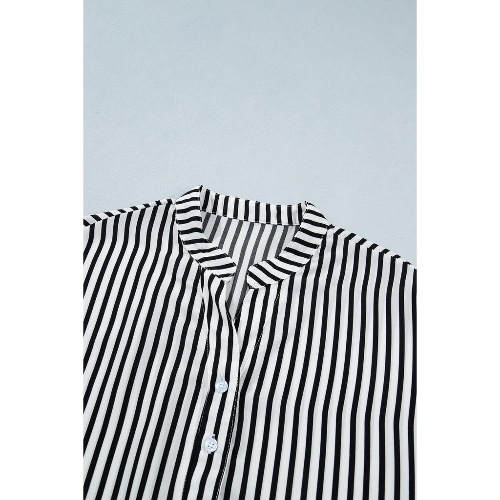 Black Striped Relaxed Half-Sleeve Shirt in Black Stripe - collar detail
