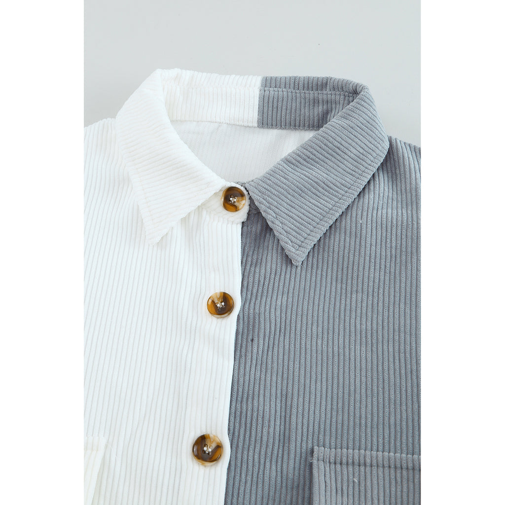 White Colorblock Button Shirt with Chest Pockets in White - collar detail