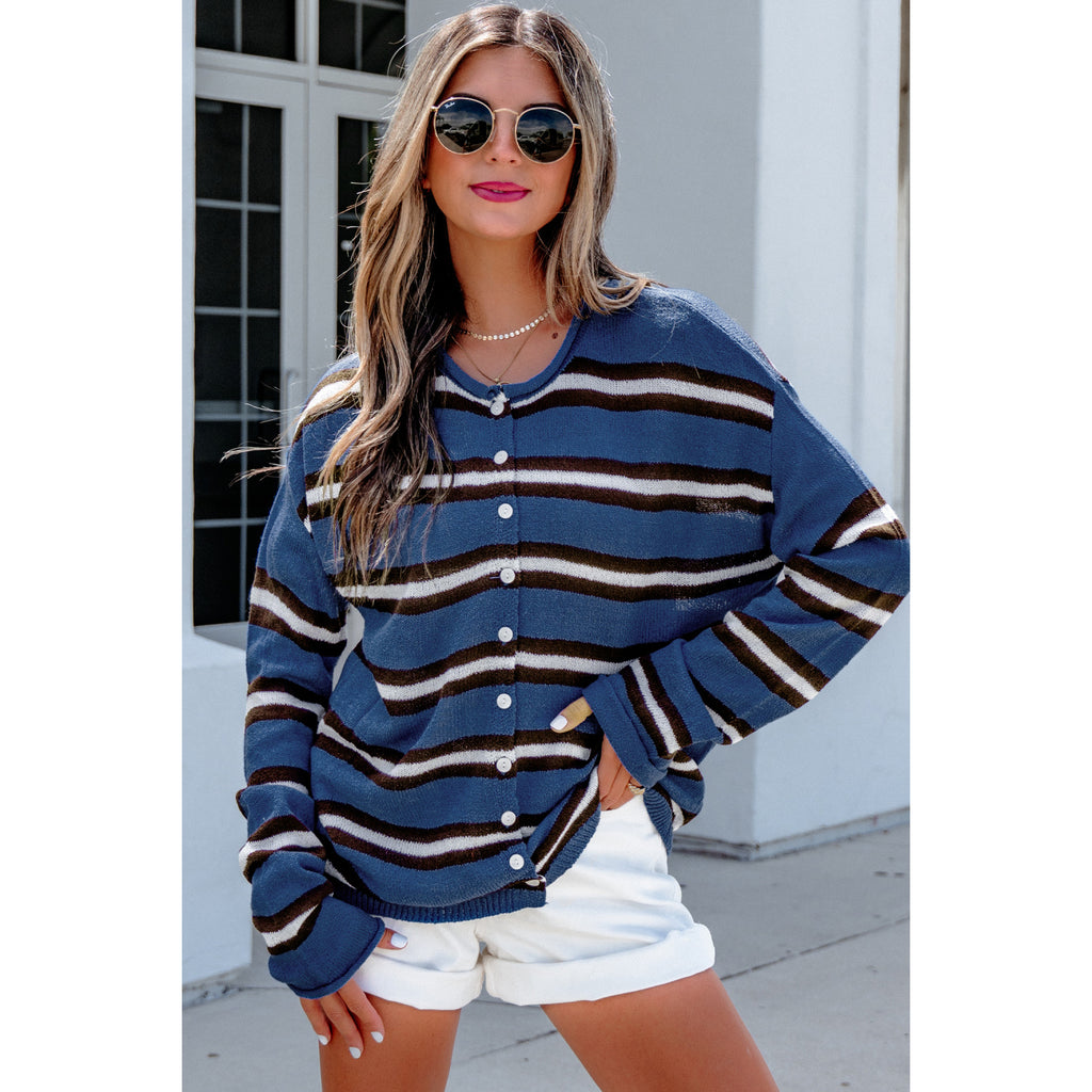 Blue Stripe Button-Front Knit Cardigan in Blue Stripe - on-model fit