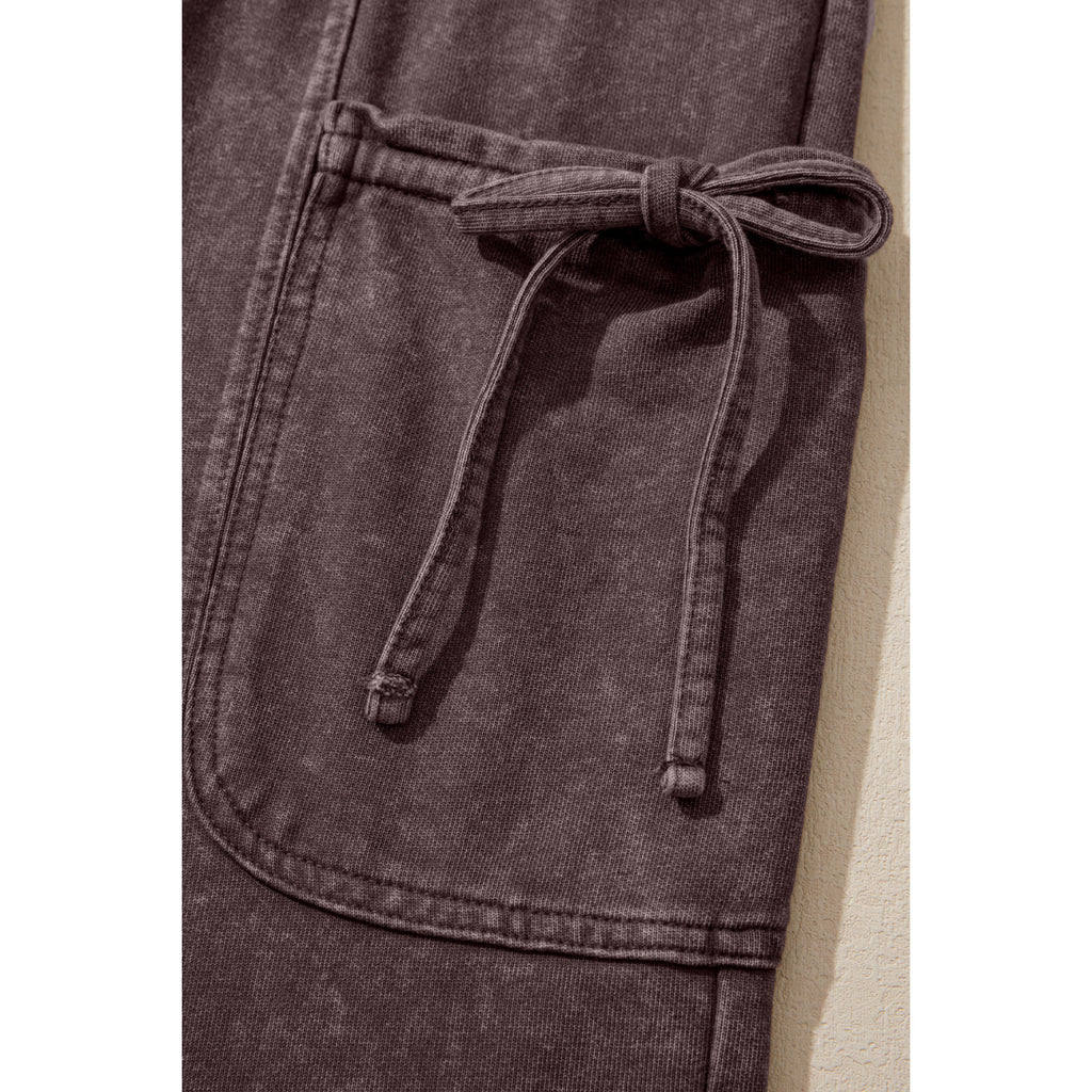 Dark Brown Mineral-Wash Cotton Cargo Pants in Dark Brown - cargo pocket tie detail