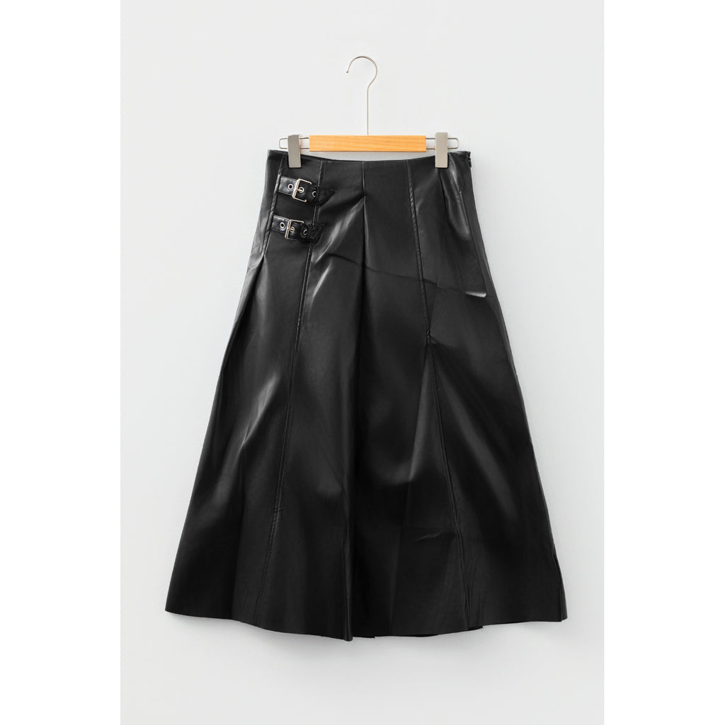 Black Faux-Leather Buckle Midi Skirt in Black - front view