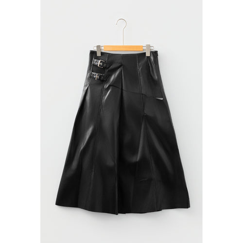 Black Faux-Leather Buckle Midi Skirt in Black - front view