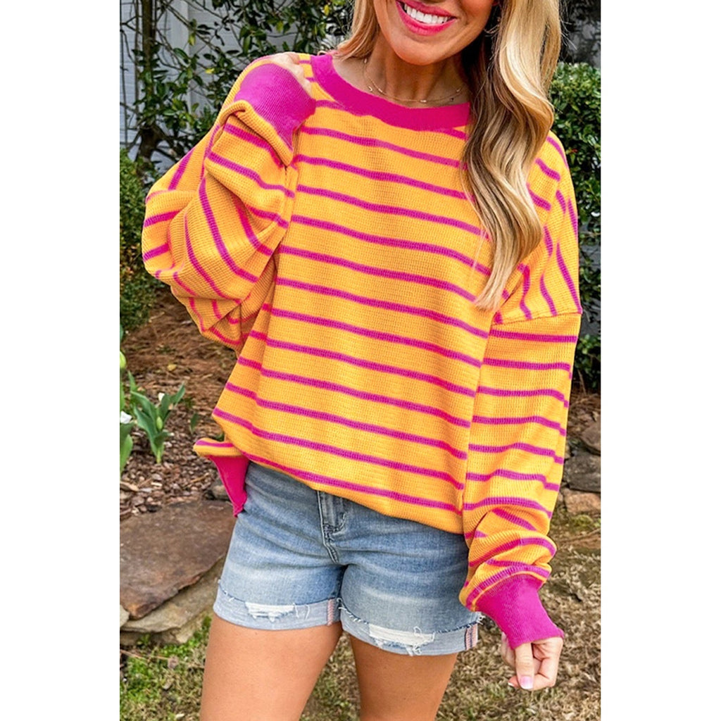 Orange and Rose Stripe Drop-Shoulder Sweater in Orange Stripe - on-model fit
