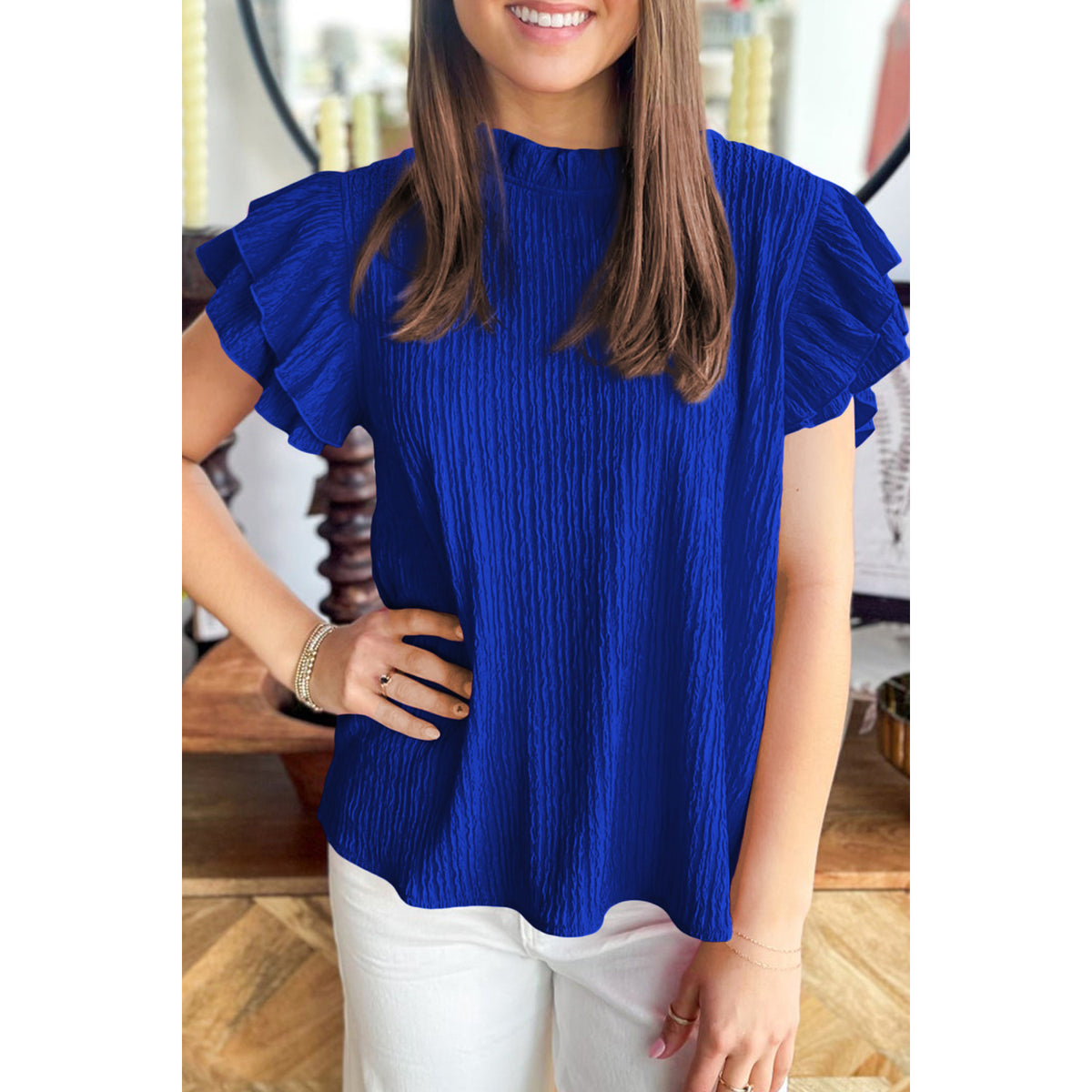 Dark Blue Textured Blouse with Ruffle Sleeves in Dark Blue - on-model fit