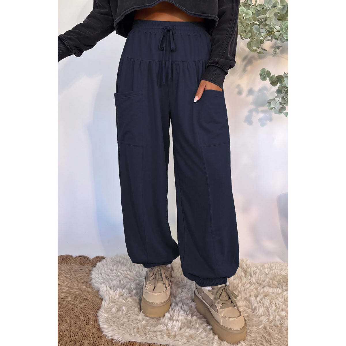 Deep Blue Drawstring Full-Length Casual Pants in Dirty blue - on-model fit