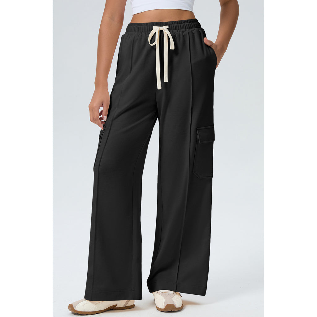 Black Drawstring Cargo Pants with Front Seams in Black - front fit view