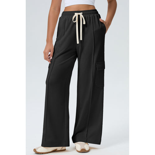 Black Drawstring Cargo Pants with Front Seams in Black - front fit view
