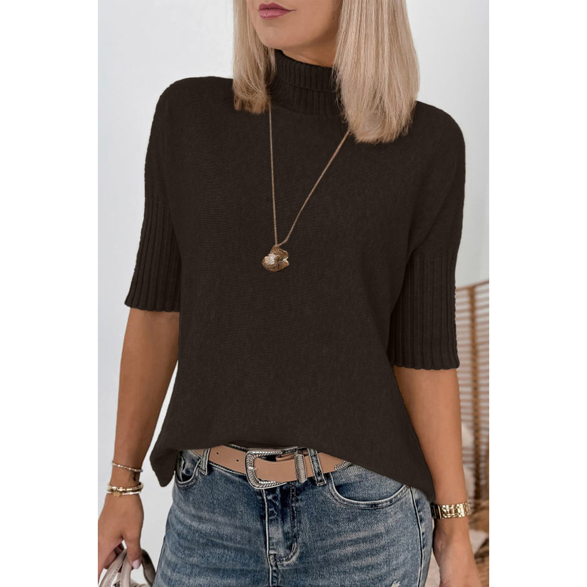 Dark Brown High-Neck Short-Sleeve Sweater in Dark Brown - front fit view