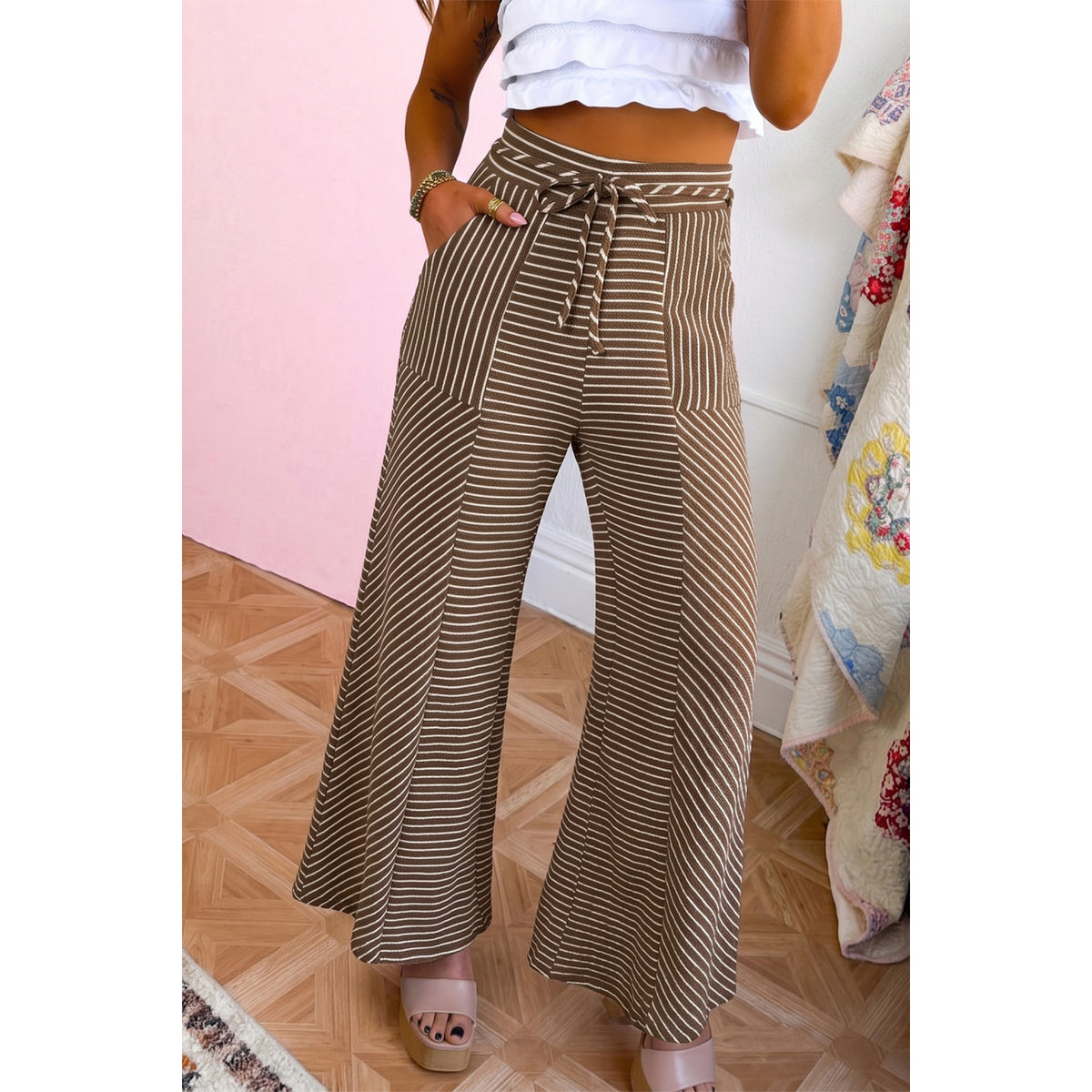Khaki Striped Patchwork Wide-Leg Pants in Khaki Stripe - on-model fit
