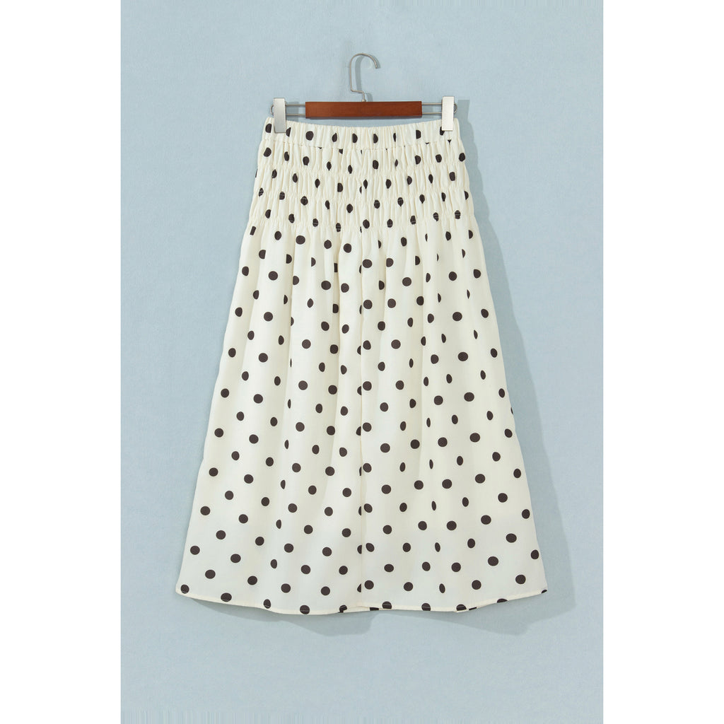 Beige Polka-Dot Smocked-Waist Long Skirt in Beige Stripe - front view