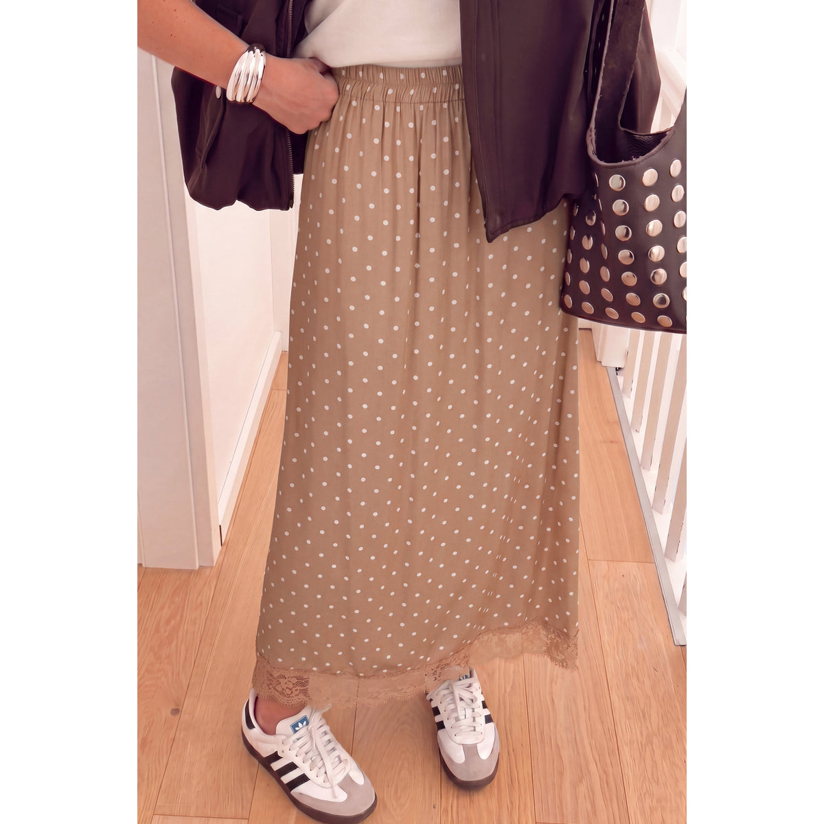 Khaki Polka-Dot Long Skirt with Lace Hem in Khaki - on-model fit