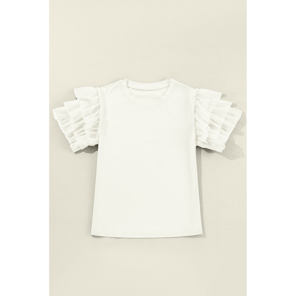 White Cotton-Blend Tulle Ruffle-Sleeve Top in White - front flat-lay view