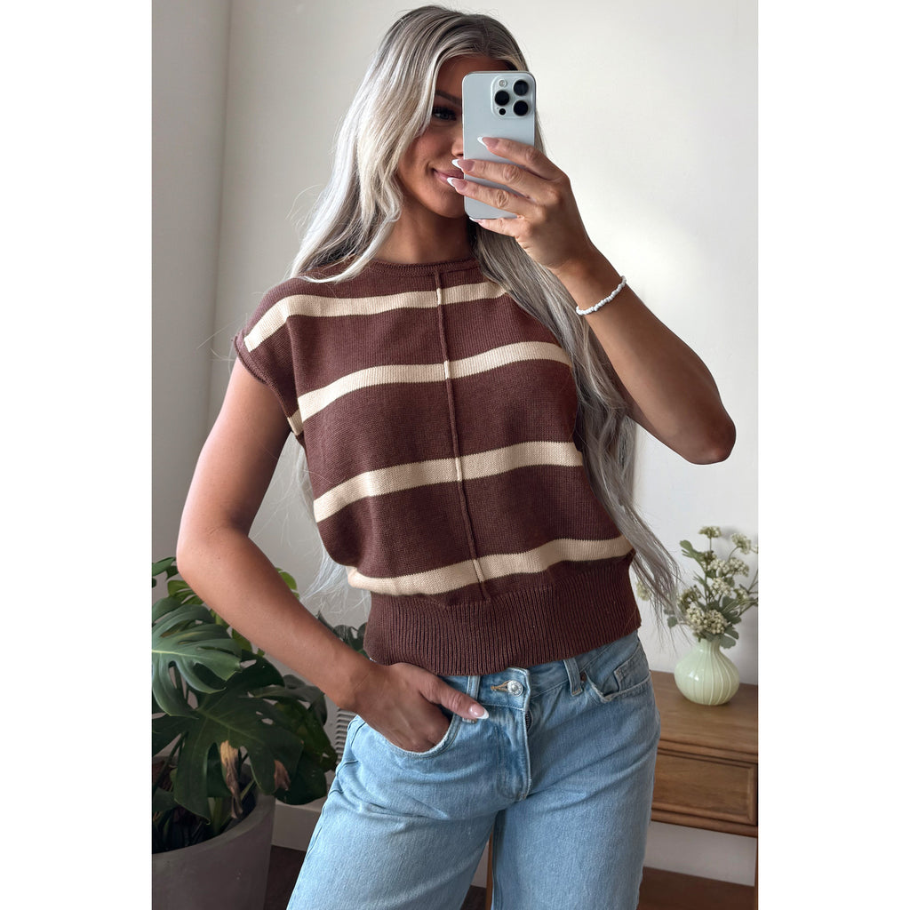 Brown Stripe Short-Sleeve Knit Sweater in Brown Stripe - on-model fit