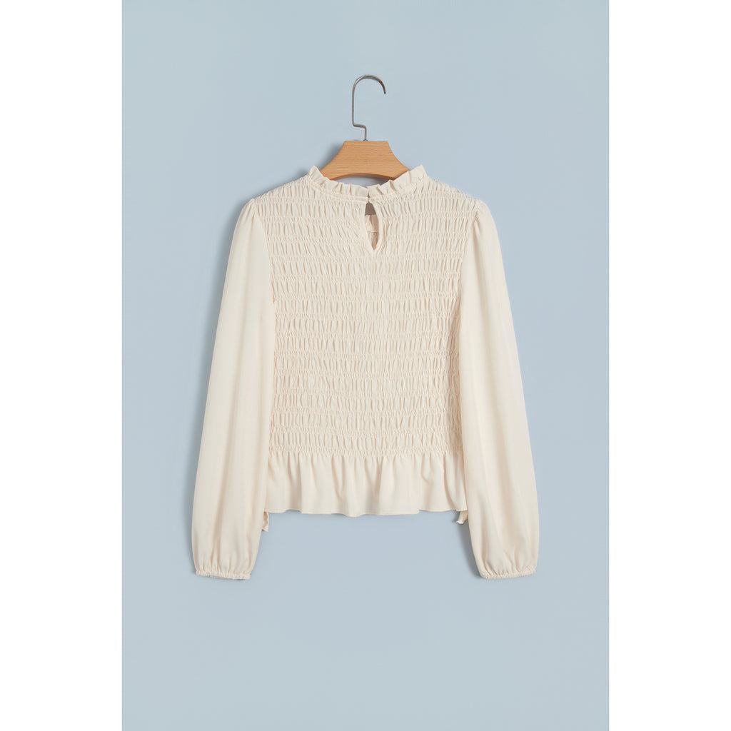 Ivory Smocked Blouse with Balloon Sleeves in Jet Stream - back view