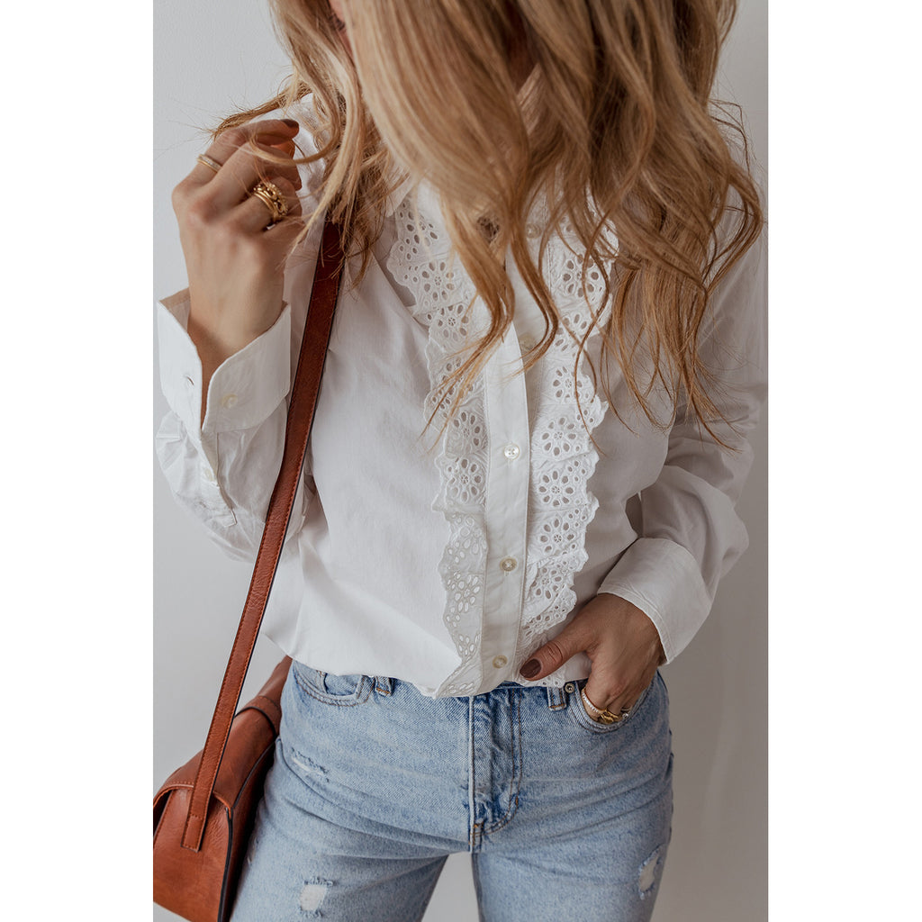 White Cotton Button Shirt with Crochet Lace Trim in White - on-model lace and fit view