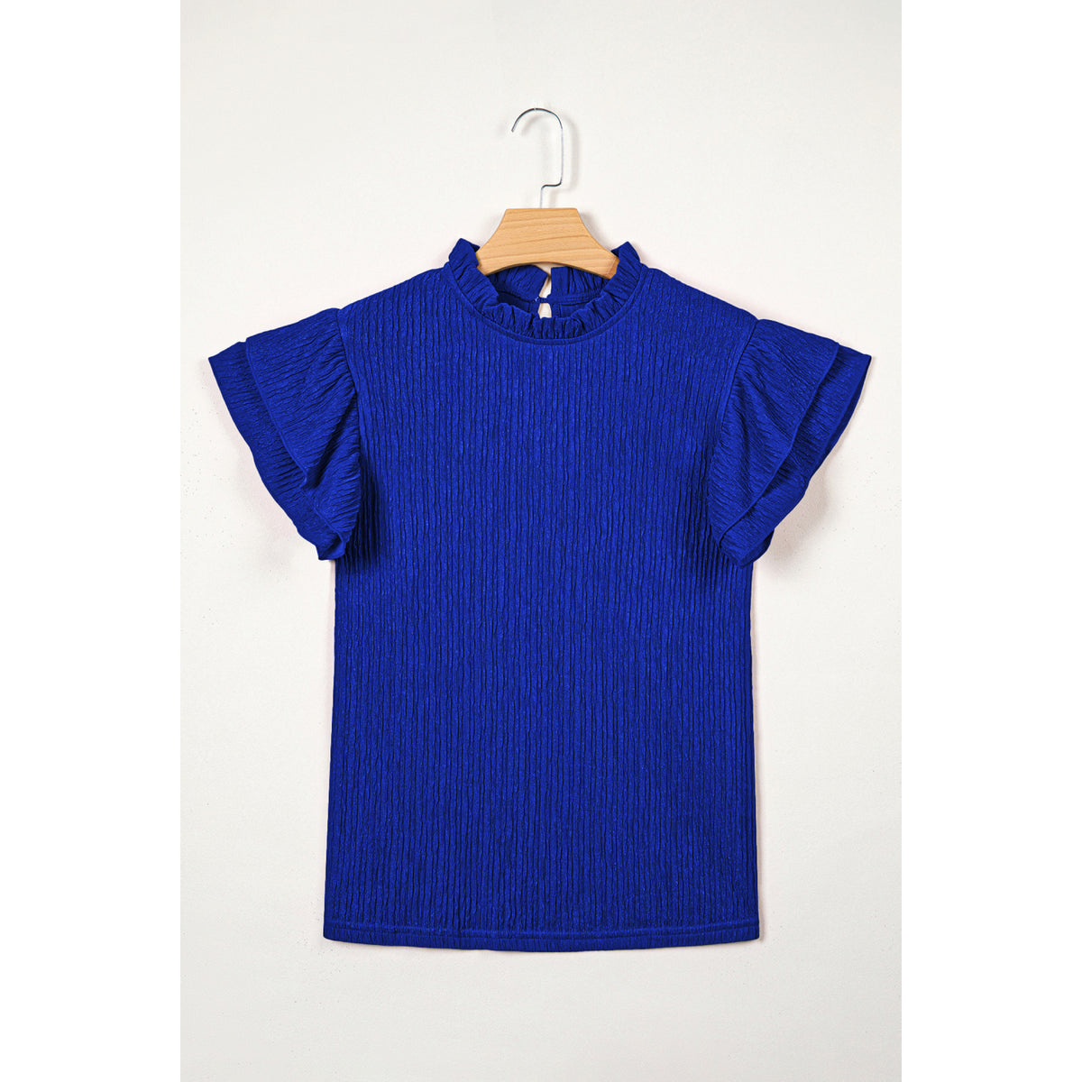Dark Blue Textured Blouse with Ruffle Sleeves in Dark Blue - front view