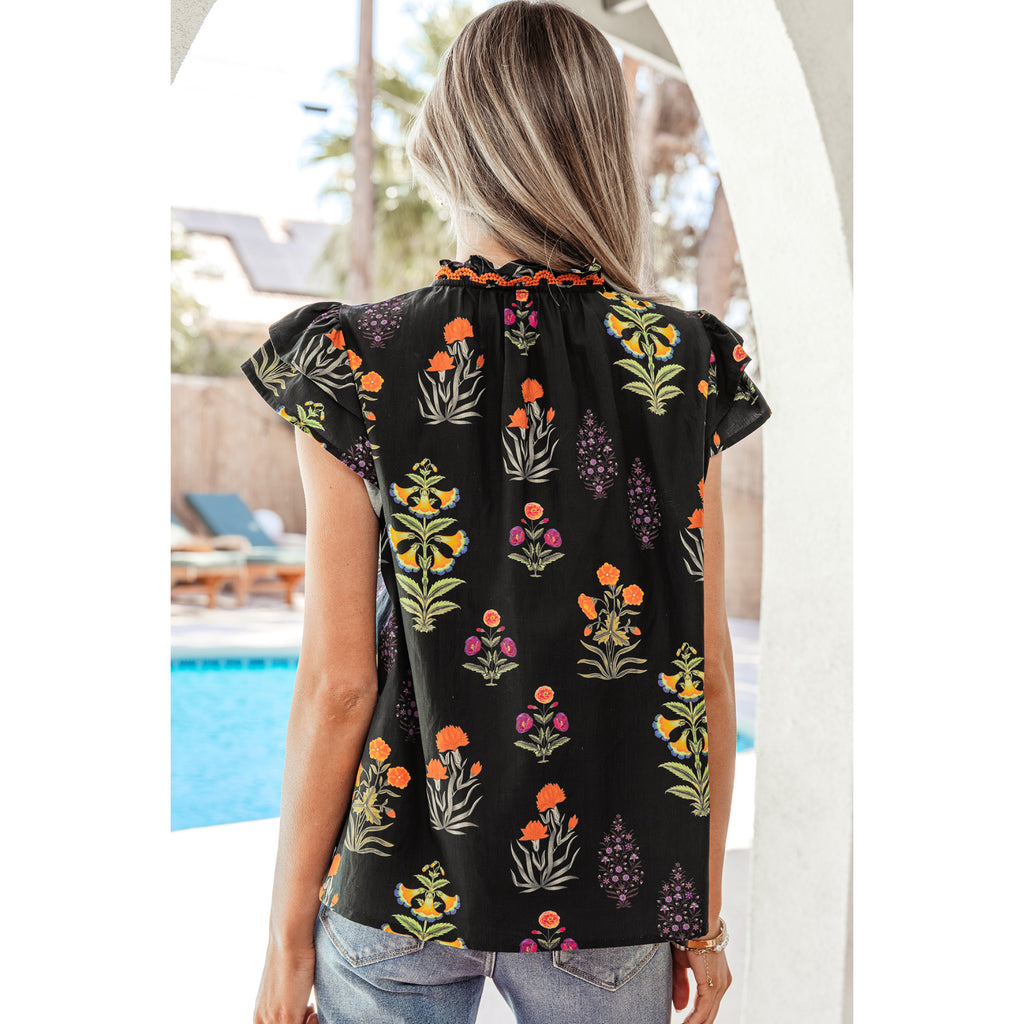 Black Floral Shirt with Frilled V-Neck in Black - back fit view