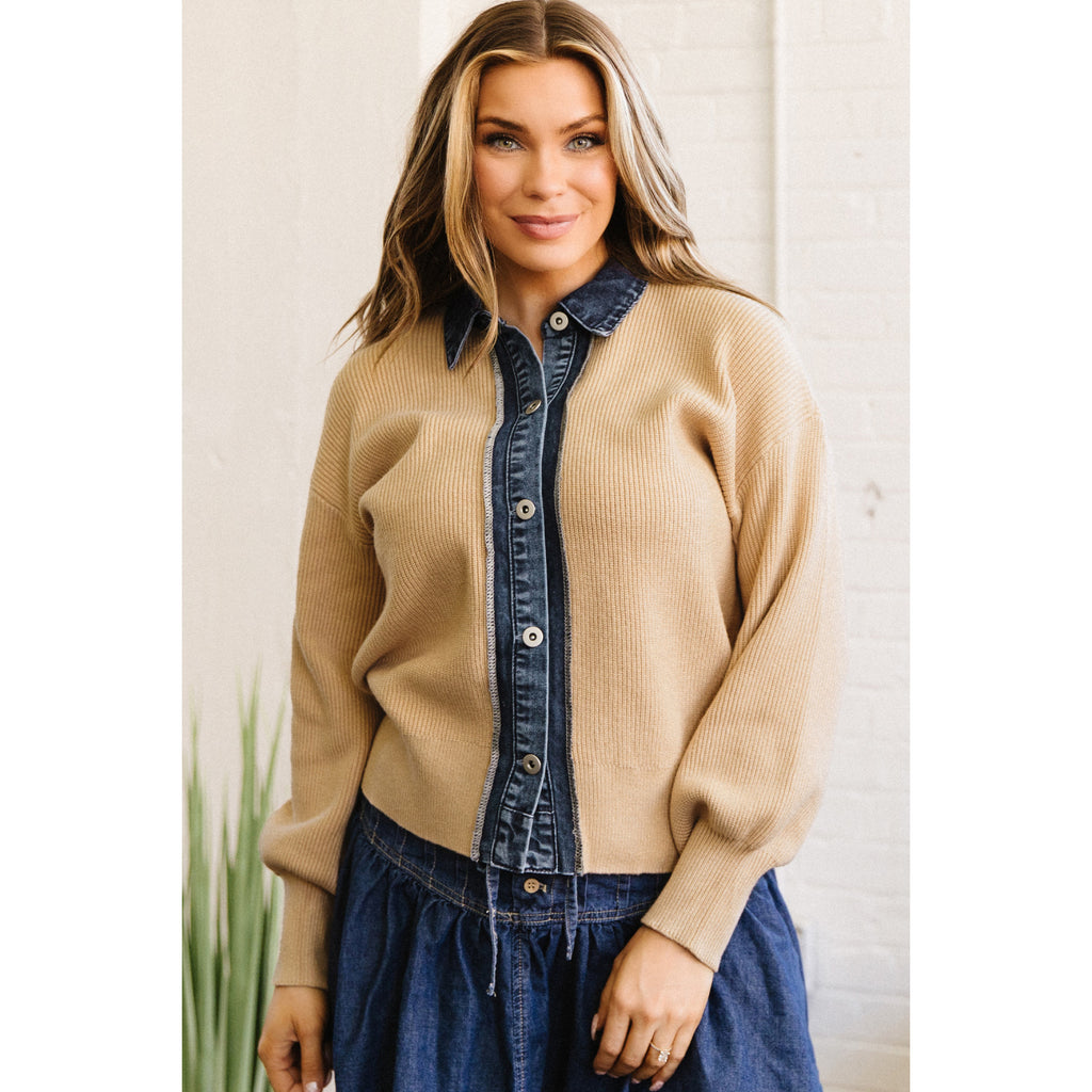 Parchment Knit Cardigan with Contrast Shirt Collar in Parchment - on-model fit