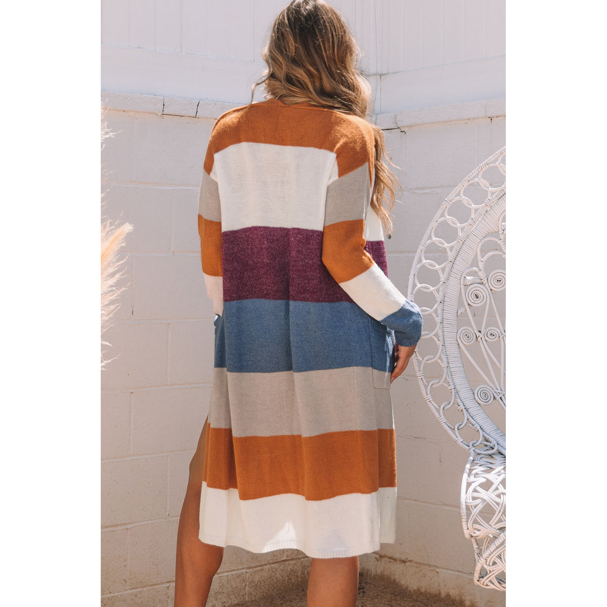 Multicolor Longline Colorblock Cardigan in Multicolor - back fit view