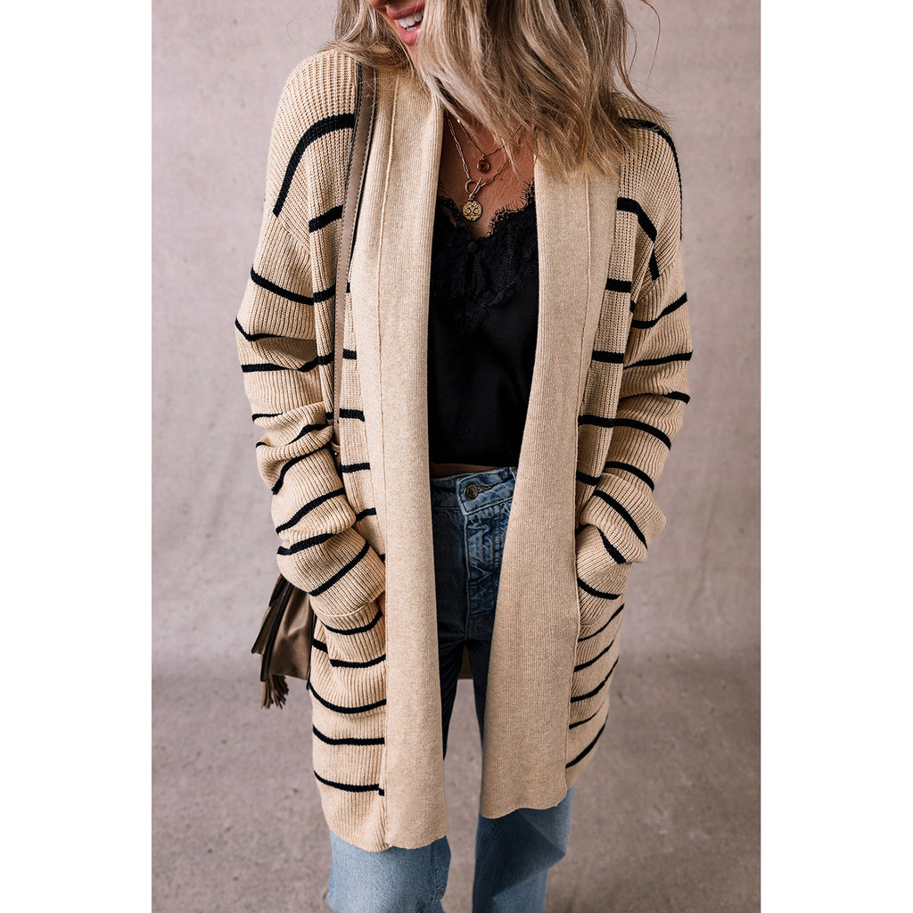Black Stripe Shawl-Collar Pocket Cardigan in Black Stripe - on-model fit