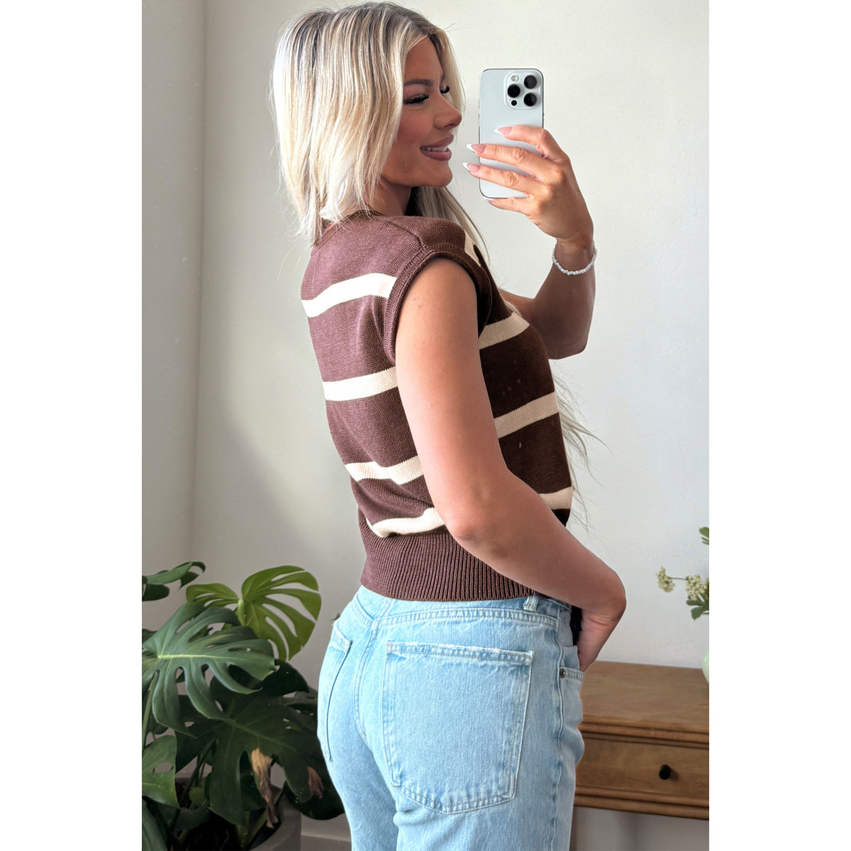 Brown Stripe Short-Sleeve Knit Sweater in Brown Stripe - side and back fit view
