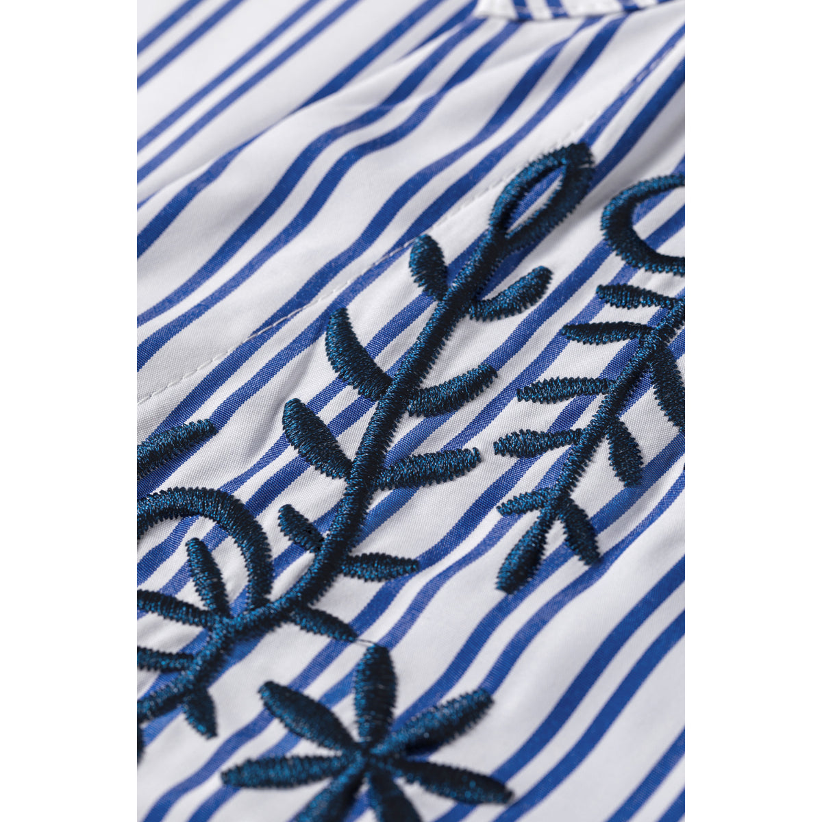Blue Striped Shirt with Floral Embroidery in Blue Stripe - floral embroidery detail