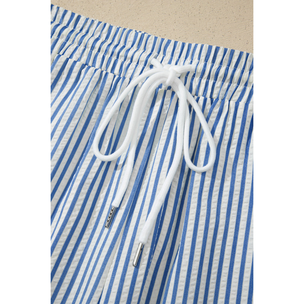 Blue Striped Drawstring Ankle Pants in Blue Stripe - drawstring waistband detail