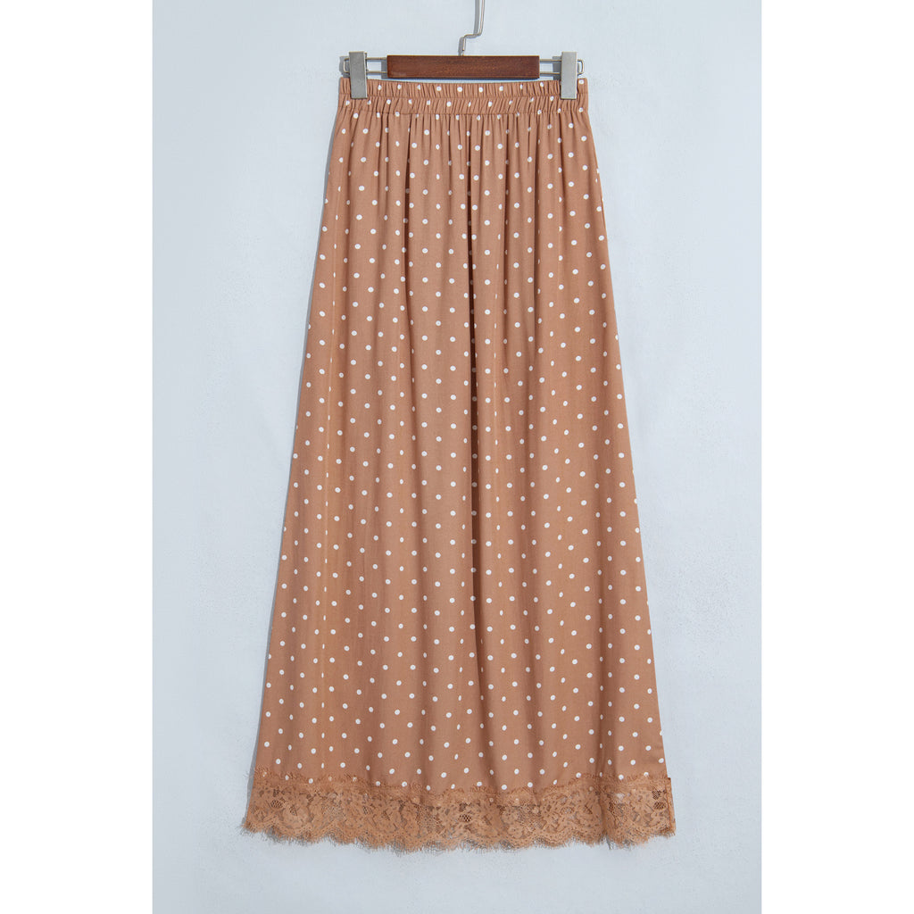 Khaki Polka-Dot Long Skirt with Lace Hem in Khaki - front view